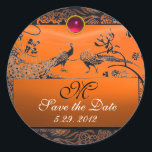 WEDDING LOVE BIRDS MONOGRAM black white red orange Classic Round Sticker<br><div class="desc">Elegant and classy design with yellow agate and red ruby 3D gem stones, easily customizable with your initials and text, digital graphic elaboration by Bulgan Lumini .Easy to customize with your own text for any occasion as save-the-date thank you cards / , bridal showers, birthdays, parties, engagement showers, or just...</div>