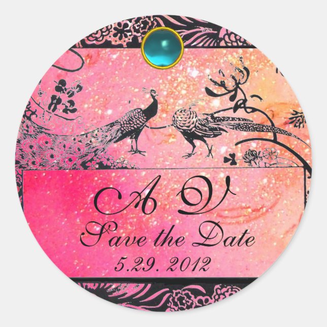 WEDDING LOVE BIRDS MONOGRAM black white red pink Classic Round Sticker (Front)