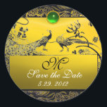 WEDDING LOVE BIRDS MONOGRAM black white yellow Classic Round Sticker<br><div class="desc">Elegant and classy design with an emerald and topaz 3D gem stone, easily customizable with your initials and text, digital graphic elaboration by Bulgan Lumini .Easy to customize with your own text for any occasion as save-the-date thank you cards / , bridal showers, birthdays, parties, engagement showers, or just about...</div>