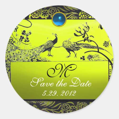 WEDDING LOVE BIRDS MONOGRAM black white yellow Classic Round Sticker