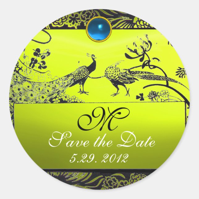 WEDDING LOVE BIRDS MONOGRAM black white yellow Classic Round Sticker (Front)