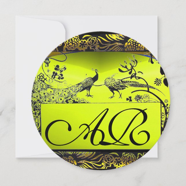 WEDDING LOVE BIRDS MONOGRAM black  yellow Announcement (Front)