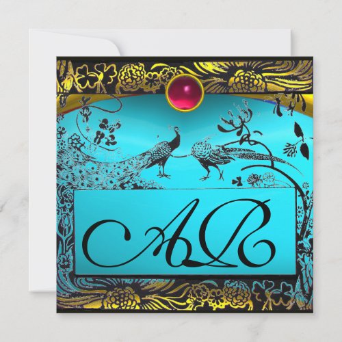 WEDDING LOVE BIRDS MONOGRAM black yellow blue red Announcement