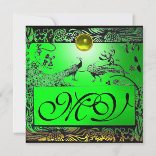 WEDDING LOVE BIRDS MONOGRAM black yellow emerald Announcement