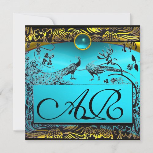 WEDDING LOVE BIRDS MONOGRAM black yellow turquoise Announcement