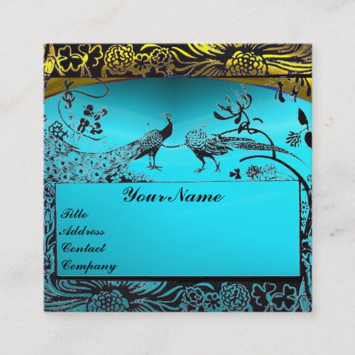 WEDDING LOVE BIRDS MONOGRAM Gold Turquoise Blue Square Business Card