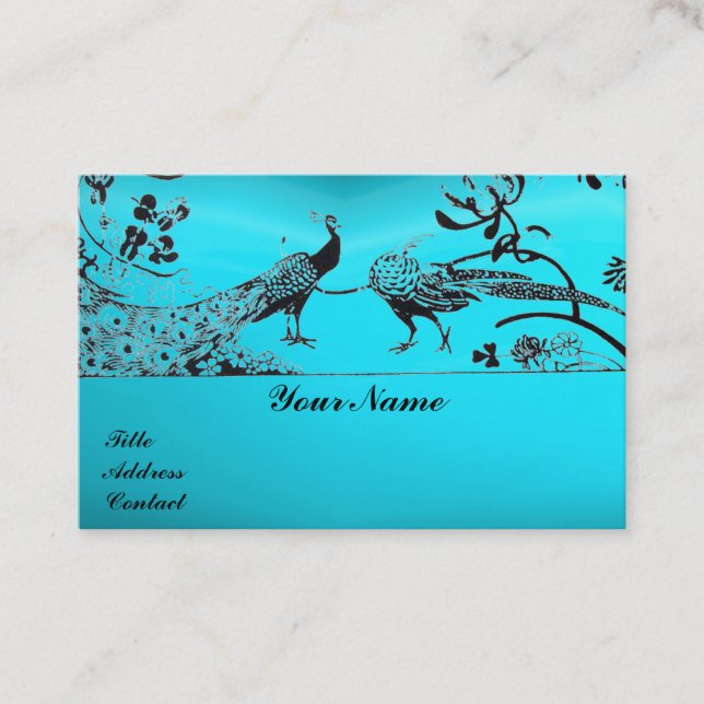WEDDING LOVE BIRDS / PEACOCKS Black Blue Turquoise Business Card (Front)