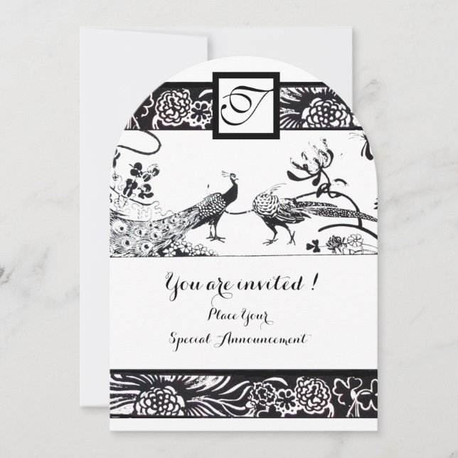 WEDDING LOVE BIRDS SQUARE MONOGRAM Black,White Invitation (Front)
