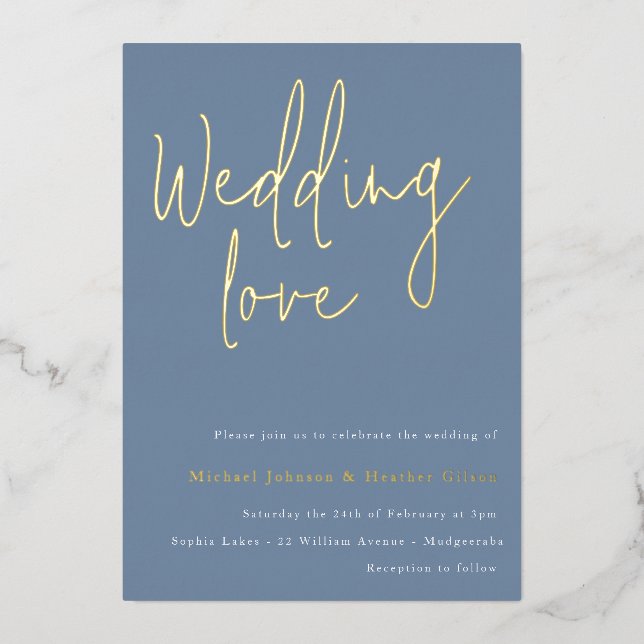 Wedding love: Dusty Blue & Gold Designer Wedding Foil Invitation (Front)