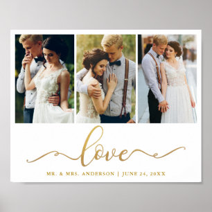 Wedding Love Elegant Gold Script 3 Photo Poster