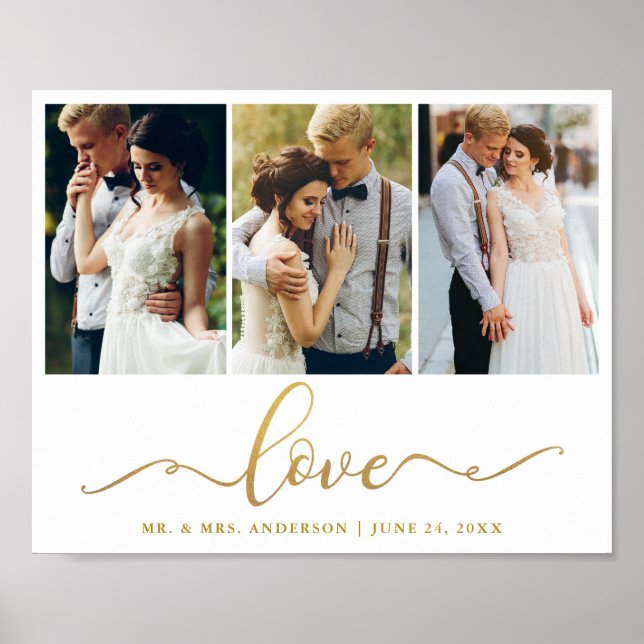 Wedding Love Elegant Gold Script 3 Photo Poster (Front)