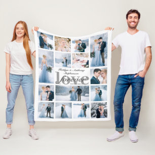 Wedding LOVE FOREVER 15 Photo Collage Custom Color Fleece Blanket