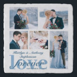 Wedding LOVE FOREVER Photo Collage Custom Color Trivet<br><div class="desc">Create a commemorative keepsake photo album or scrapbook binder for the newlyweds with 5 of your favorite wedding and couple pictures or images. The design features the title LOVE FOREVER or FOREVER LOVE and personalized with the bride and groom's names and wedding date in an editable dusty blue color against...</div>