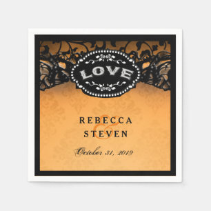Wedding LOVE Halloween Orange & Black with Names Napkins