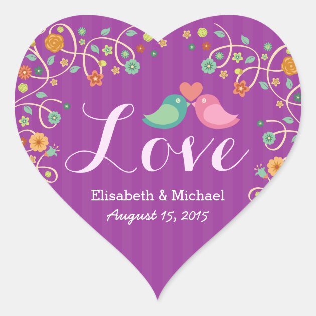 Wedding Love Heart Purple Swirl Floral Love Birds Heart Sticker