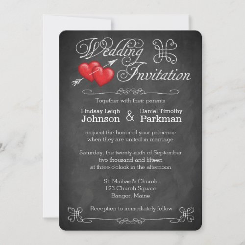 Wedding  Love Hearts Scrolls  Chalkboard Invitation
