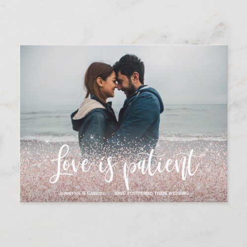 Wedding Love is Patient Script Postponed Photo Announcement Postcard