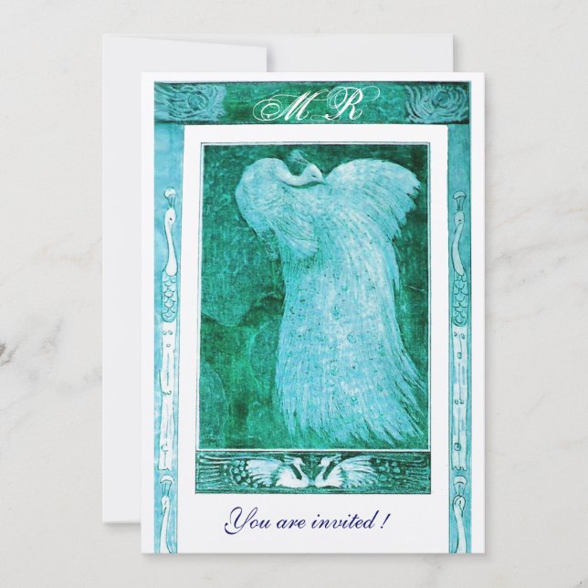 WEDDING LOVE PEACOCK MONOGRAM Aqua Blue White Invitation (Front)