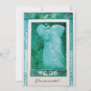 WEDDING LOVE PEACOCK MONOGRAM Aqua Blue White Invitation