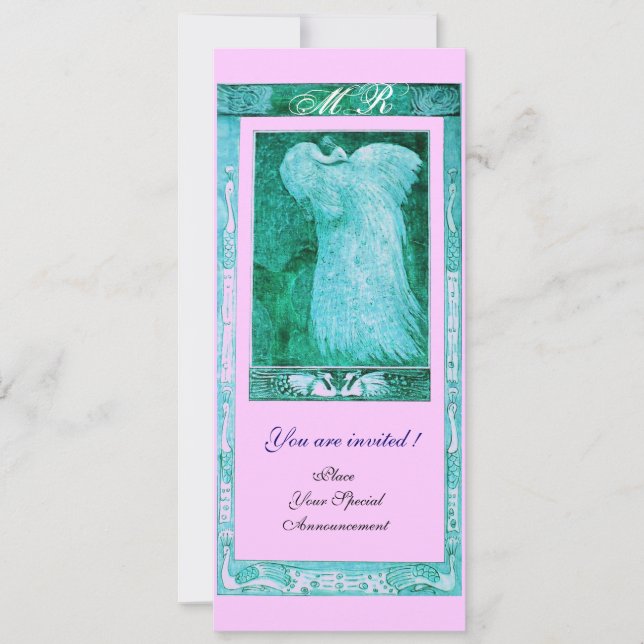 WEDDING LOVE PEACOCK MONOGRAM ,blue pink Invitation (Front)