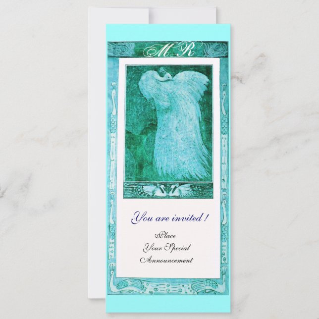 WEDDING LOVE PEACOCK MONOGRAM ,blue white Invitation (Front)