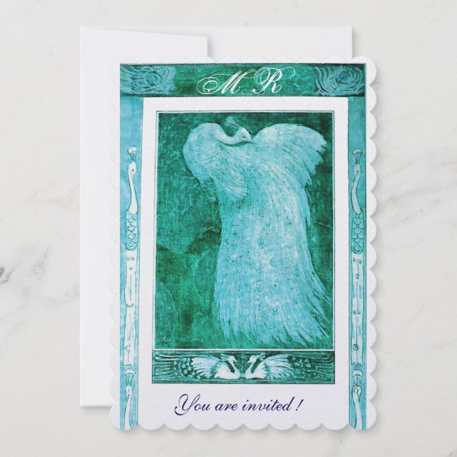 WEDDING LOVE PEACOCK MONOGRAM Blue White Peari Invitation (Front)