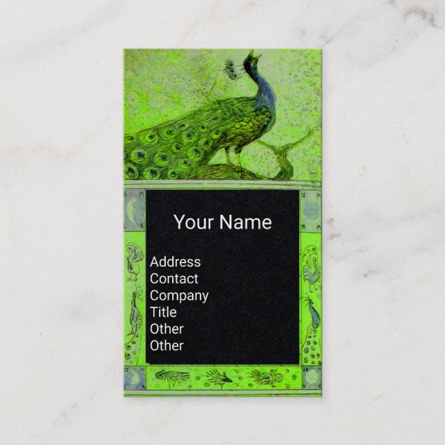WEDDING LOVE PEACOCK MONOGRAM Green Black Paper Business Card (Front)