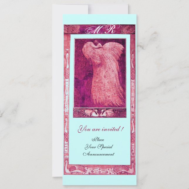 WEDDING LOVE PEACOCK MONOGRAM ,pink red white blue Invitation (Front)