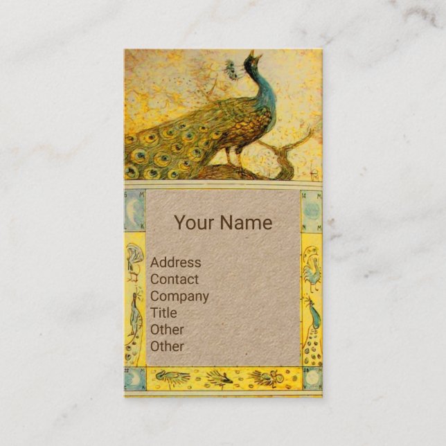 WEDDING LOVE PEACOCK MONOGRAM Yellow Craft Paper Business Card (Front)