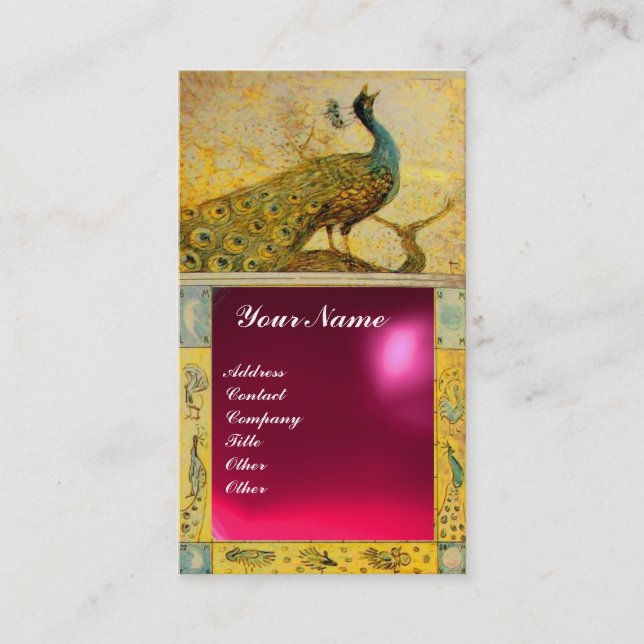 WEDDING LOVE PEACOCK MONOGRAM yellow pink red ruby Business Card (Front)