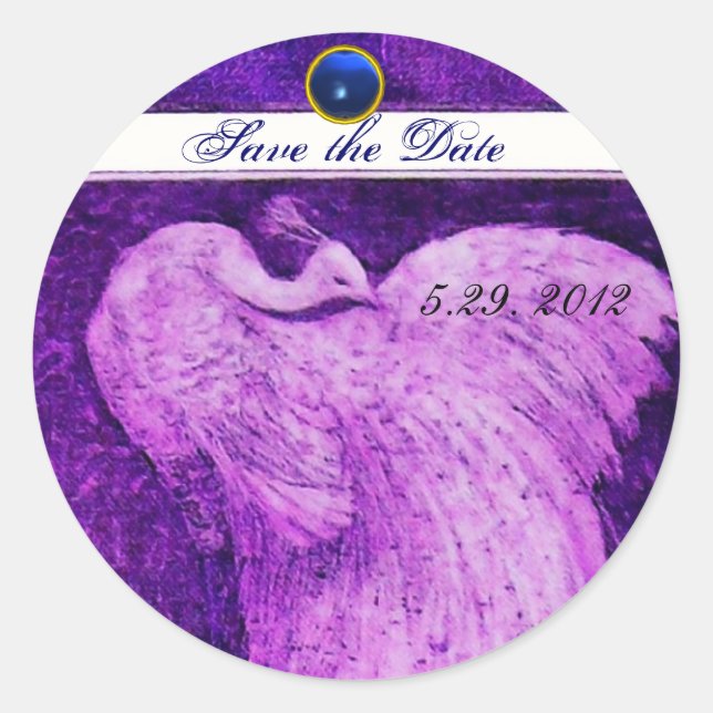 WEDDING LOVE PEACOCK Save Date Purple Blue Gem Classic Round Sticker (Front)