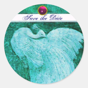 WEDDING LOVE PEACOCK white ,blue pink amethyst Classic Round Sticker