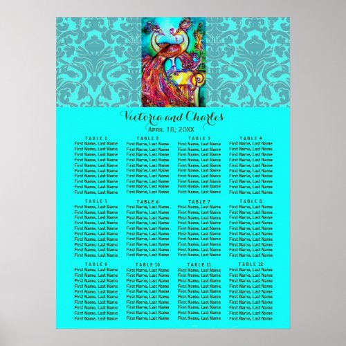 WEDDING LOVE PEACOCKS Blue Damask Seating Chart