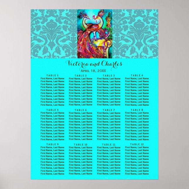 WEDDING LOVE PEACOCKS Blue Damask Seating Chart (Front)