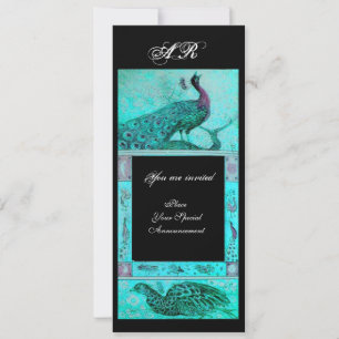 WEDDING LOVE PEACOCKS MONOGRAM blue black Invitation