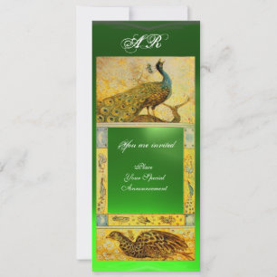 WEDDING LOVE PEACOCKS MONOGRAM ,brown green yellow Invitation