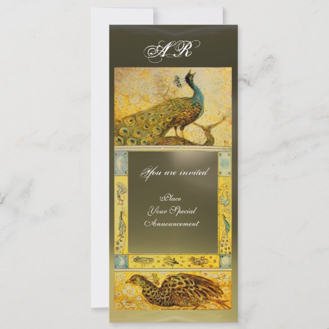 WEDDING LOVE PEACOCKS MONOGRAM brown grey yellow Invitation (Front)