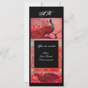 WEDDING LOVE PEACOCKS MONOGRAM red black Invitation