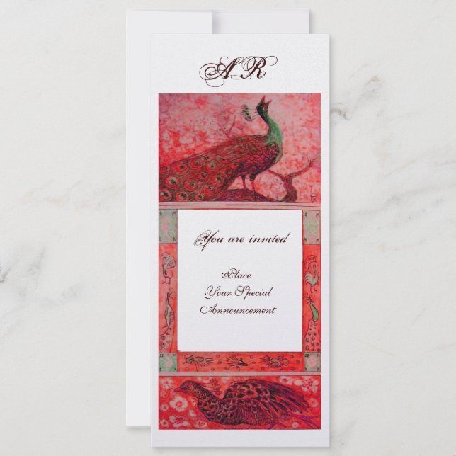 WEDDING LOVE PEACOCKS MONOGRAM red ice metallic Invitation (Front)
