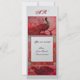 WEDDING LOVE PEACOCKS MONOGRAM red silver metallic Invitation