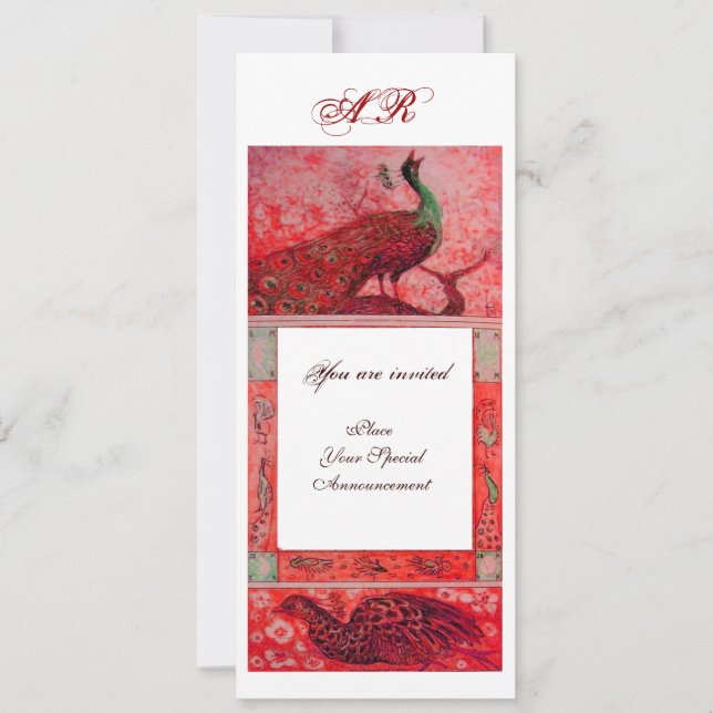 WEDDING LOVE PEACOCKS MONOGRAM red white Invitation (Front)