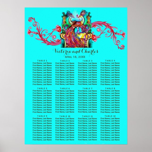 WEDDING LOVE PEACOCKS Red Swirl Blue Seating Chart (Front)