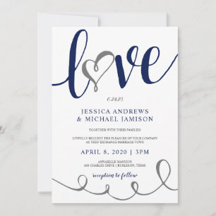 Wedding Love Script Navy Blue & Gray Heart Invitation