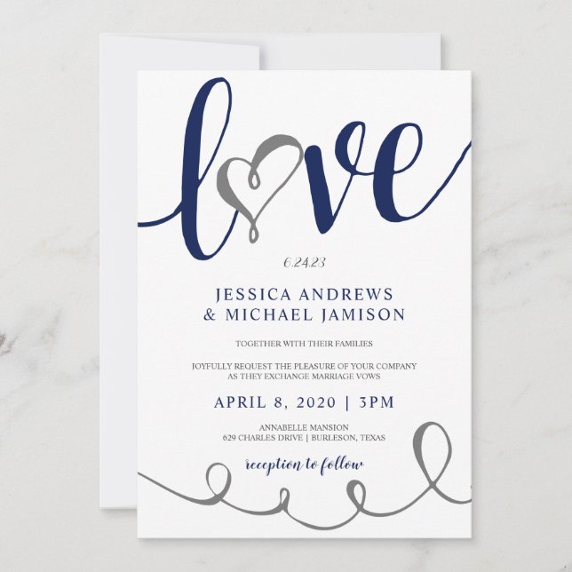 Wedding Love Script Navy Blue & Gray Heart Invitation (Front)