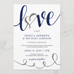 Wedding Love Script Navy Blue & Gray Heart Invitation