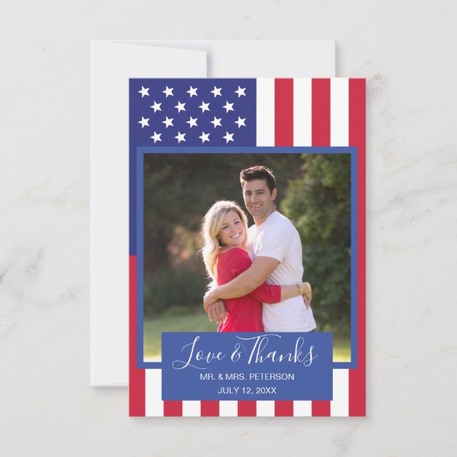 Wedding Love Thanks Patriotic American Flag Photo Thank You Card (Front)