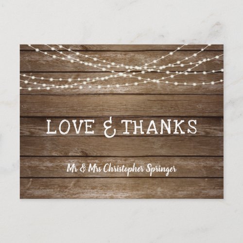 Wedding LOVE  THANKS Rustic Wood String Lights Postcard