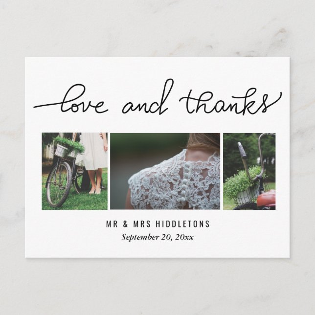 Wedding Love & Thanks Script | Three Photos Postcard (Front)