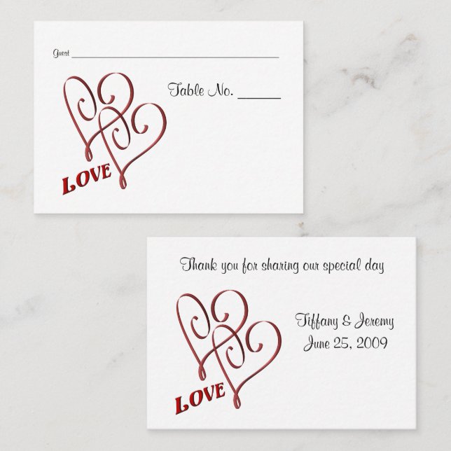 Wedding Love Two Hearts Table Place Card (Front/Back)