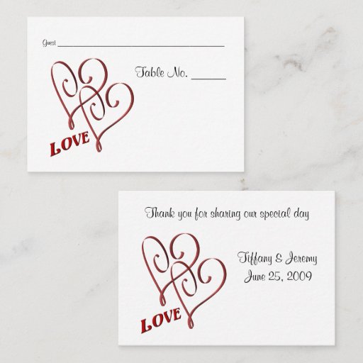Customizable Wedding Table Place Cards Love Two Hearts Business Card Templates